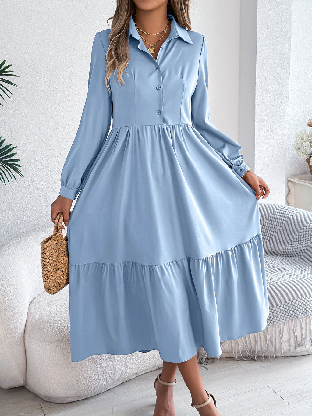 Autumn And Winter Collar Casual Loose Long Sleeve Ruffled Shirt Dress