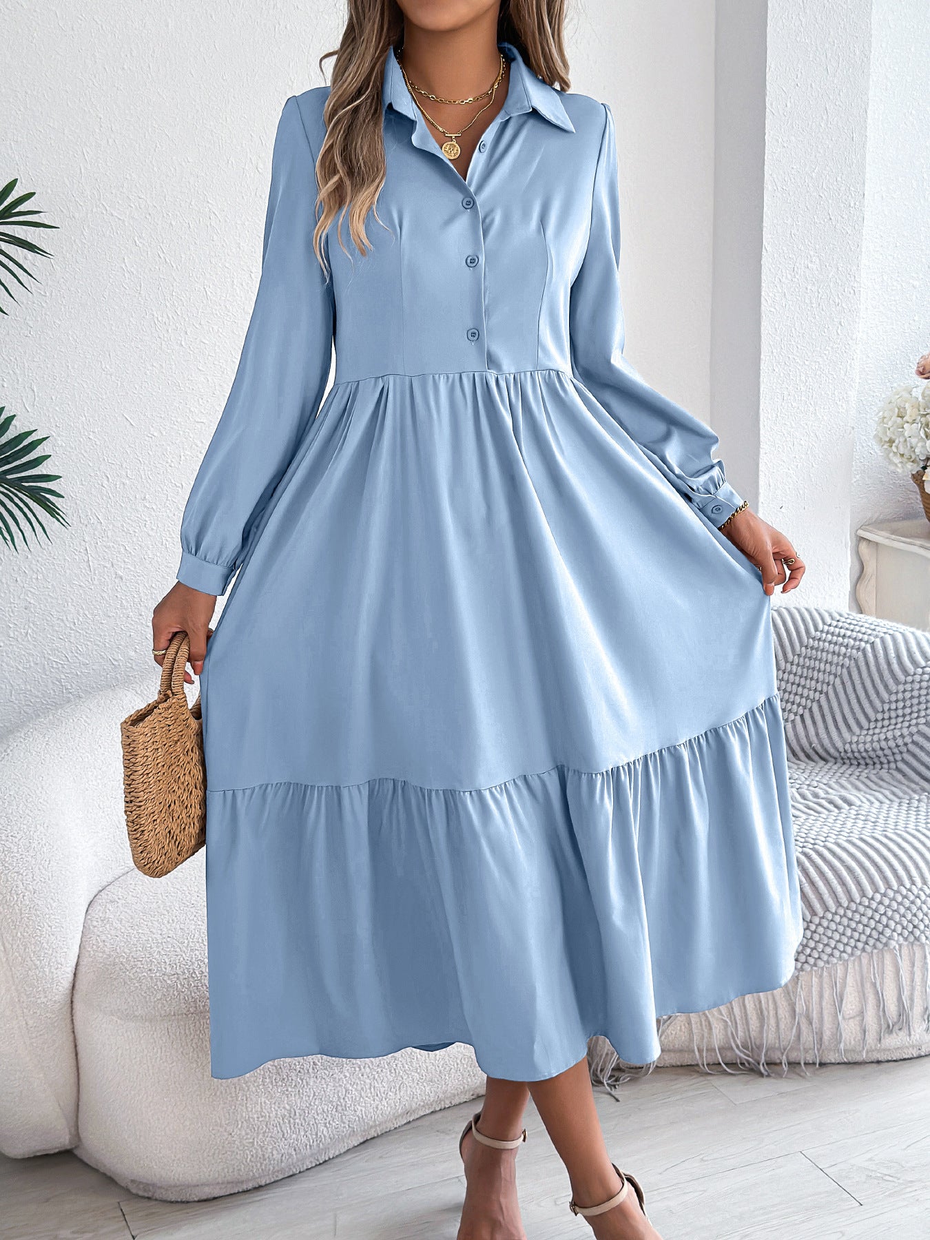 Autumn And Winter Collar Casual Loose Long Sleeve Ruffled Shirt Dress