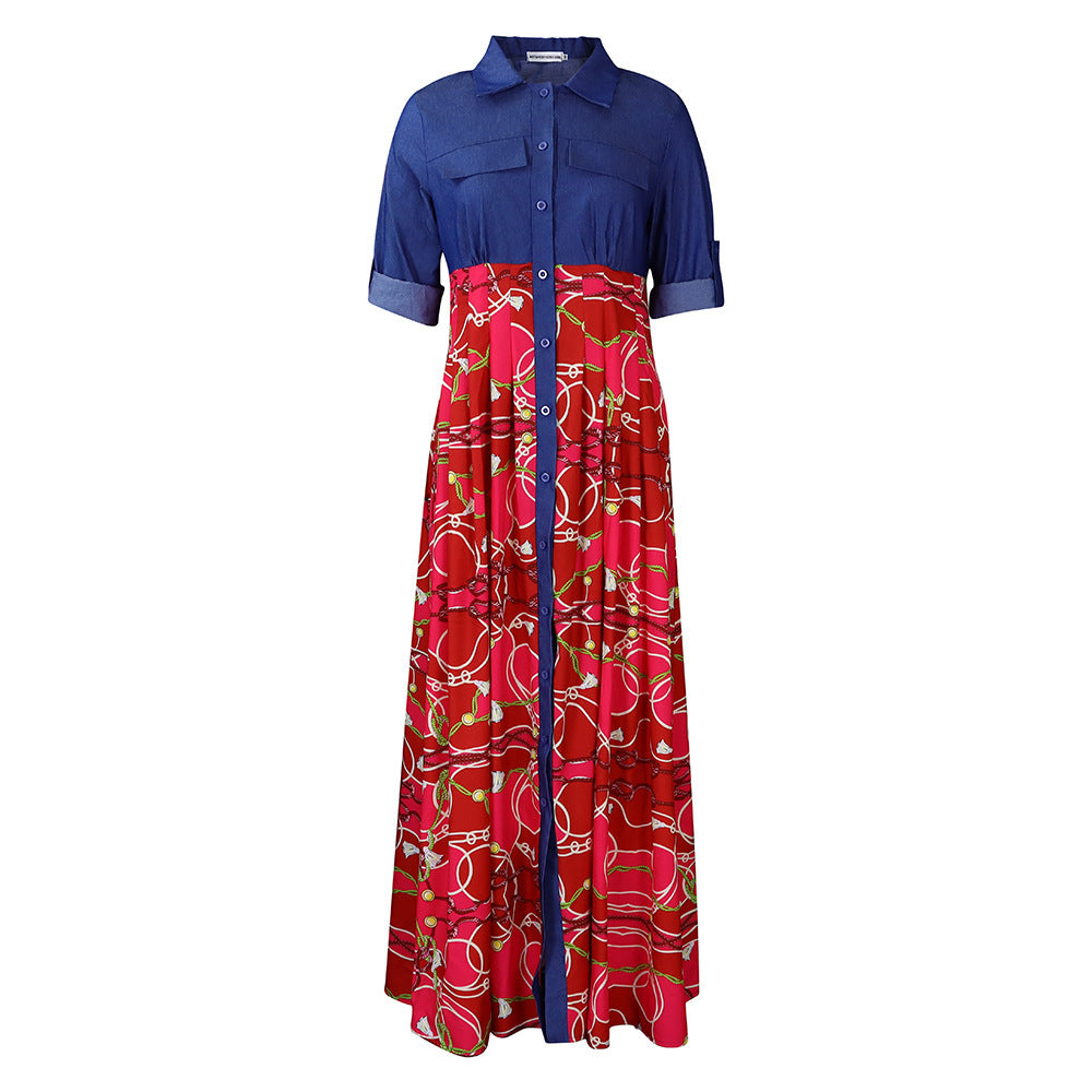 Casual Denim Stitching Printing Long Dress