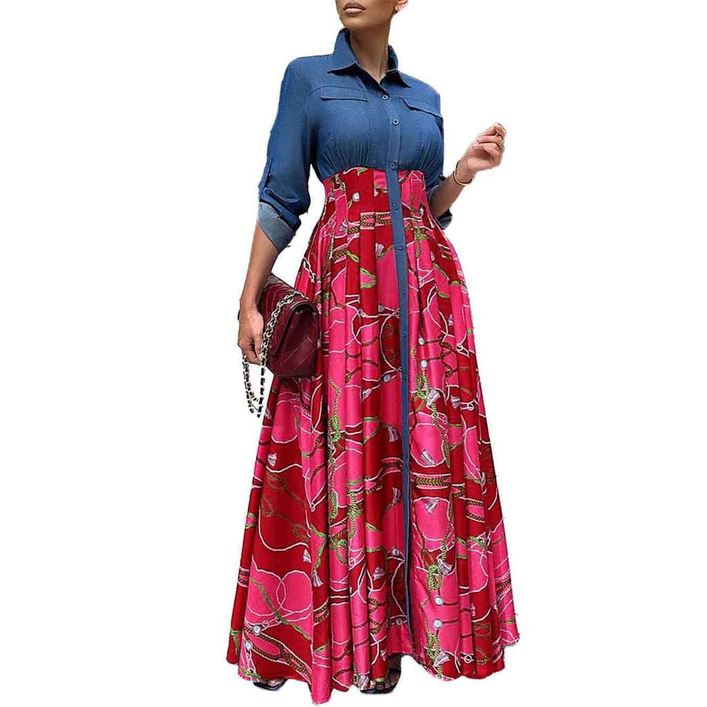 Casual Denim Stitching Printing Long Dress