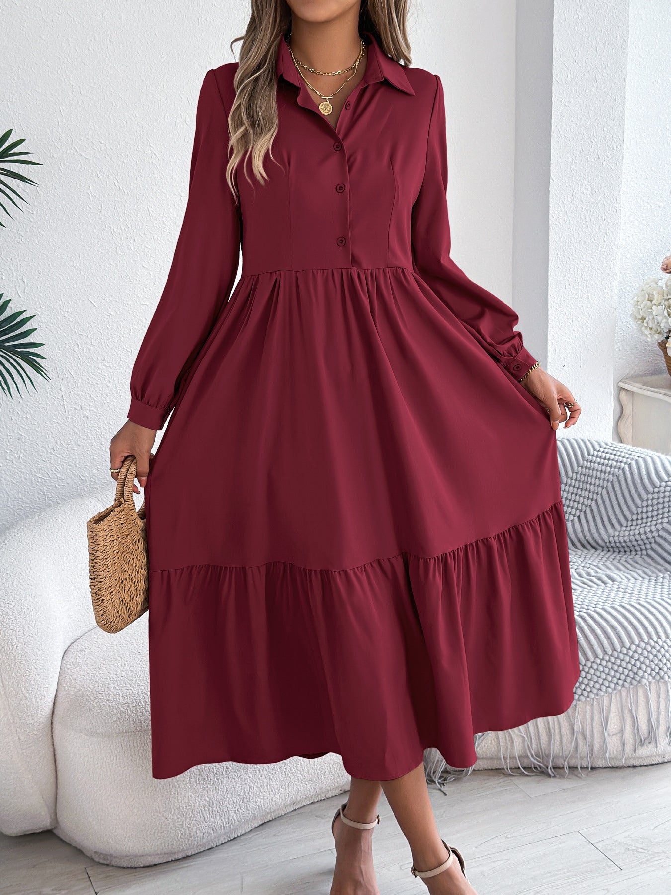 Autumn And Winter Collar Casual Loose Long Sleeve Ruffled Shirt Dress