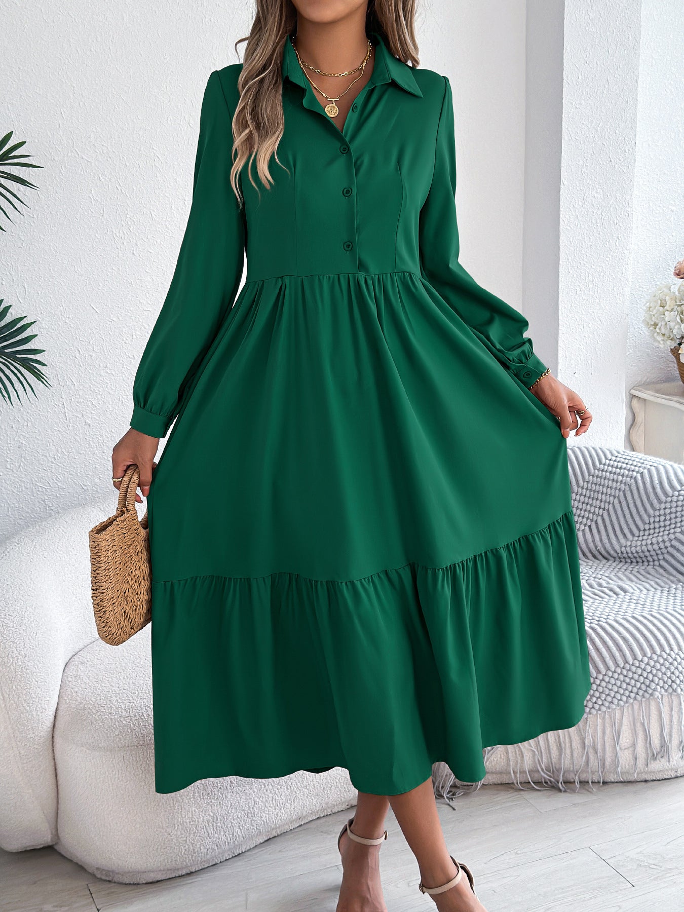 Autumn And Winter Collar Casual Loose Long Sleeve Ruffled Shirt Dress