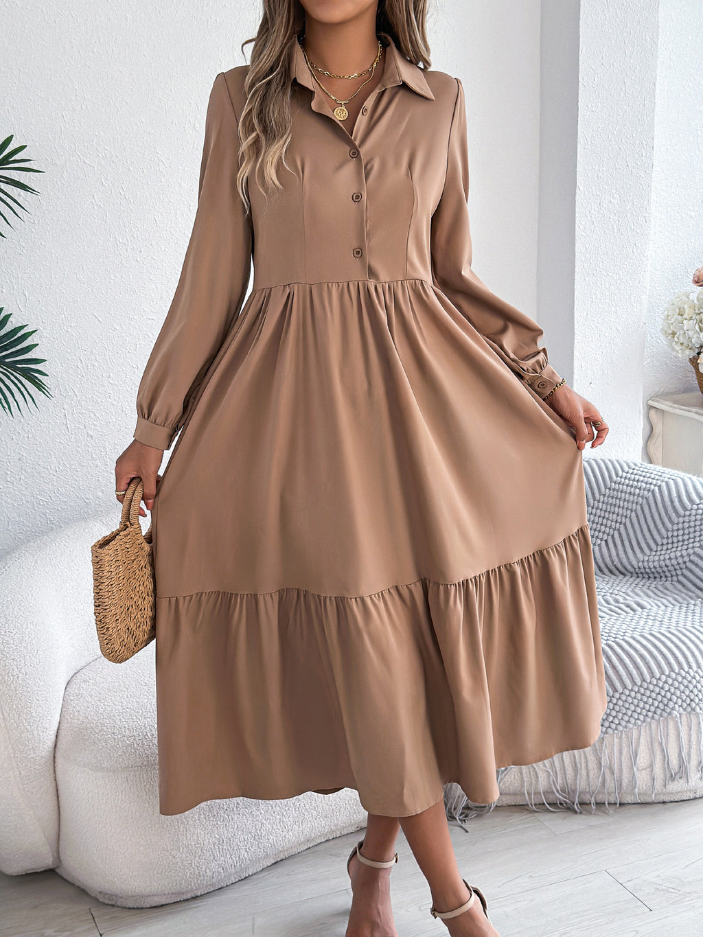 Autumn And Winter Collar Casual Loose Long Sleeve Ruffled Shirt Dress